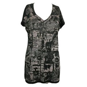 Doctrine Shirt‎ Womens Sz L Black Gray Graphic Studded Cotton Teed